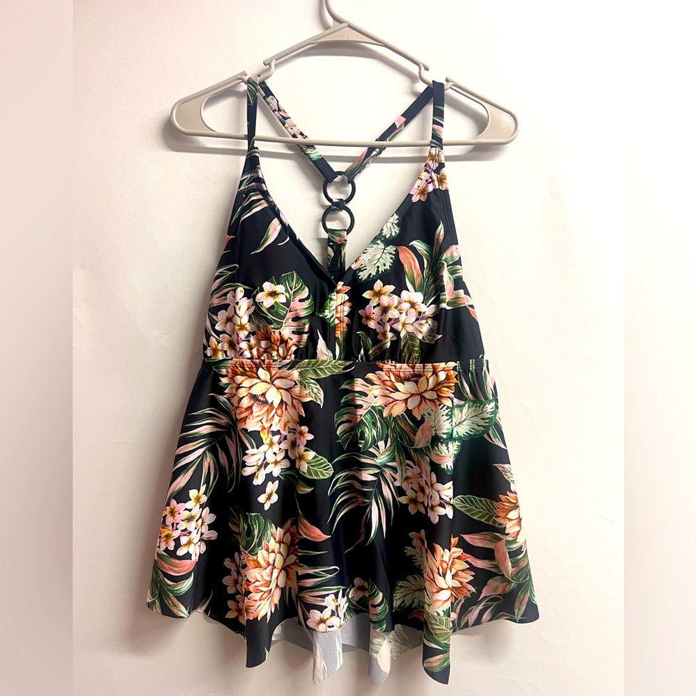 Kona Sol swim top tropical black floral Women's sz 14W NWT